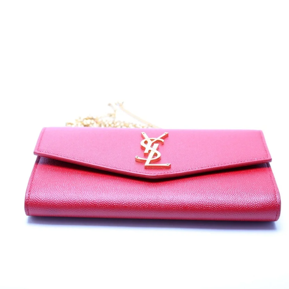 Saint Laurent Uptown Chain Wallet Red Grain De Poudre WOC + Card Holder Gold HW